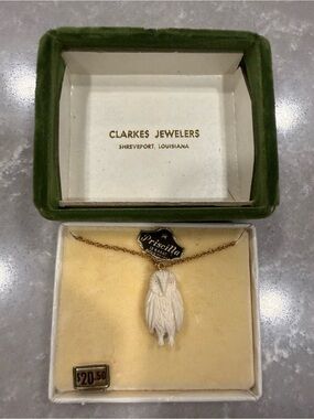 NOS Priscilla 12K Gold Filled Carved Owl Necklace 1967 w/ Box Deadstock VTG